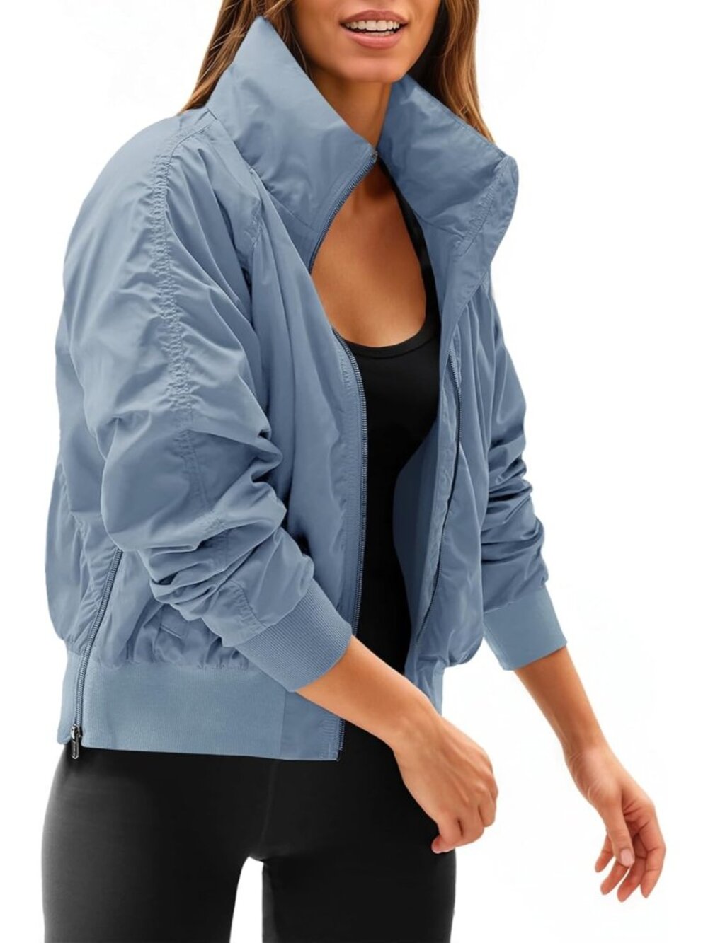 Women Bluish Grey Polyester Hidden Hooded Long Sleeve Pocket Bomber Jacket